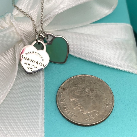 Authenticated Tiffany & Co double heart blue enamel necklace 16” box - Picture 2 of 10